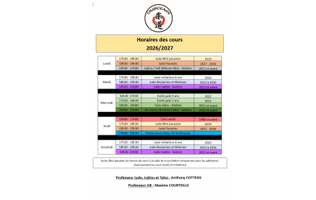 Nos créneaux de cours pour la saison 2026-2027