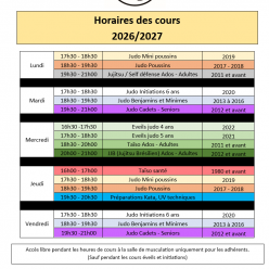 Nos créneaux de cours pour la saison 2026-2027